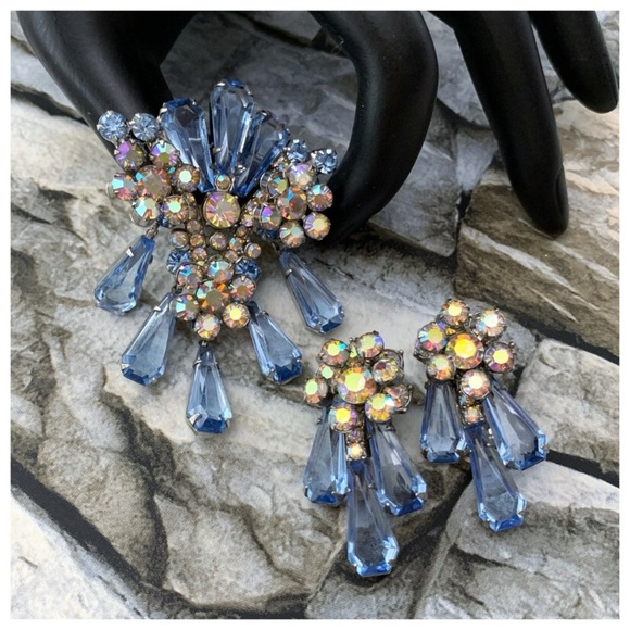 Verified Juliana D&E DeLizza Elster Floret Pentagon Rhinestones Brooch Earrings - Picture 3 of 16